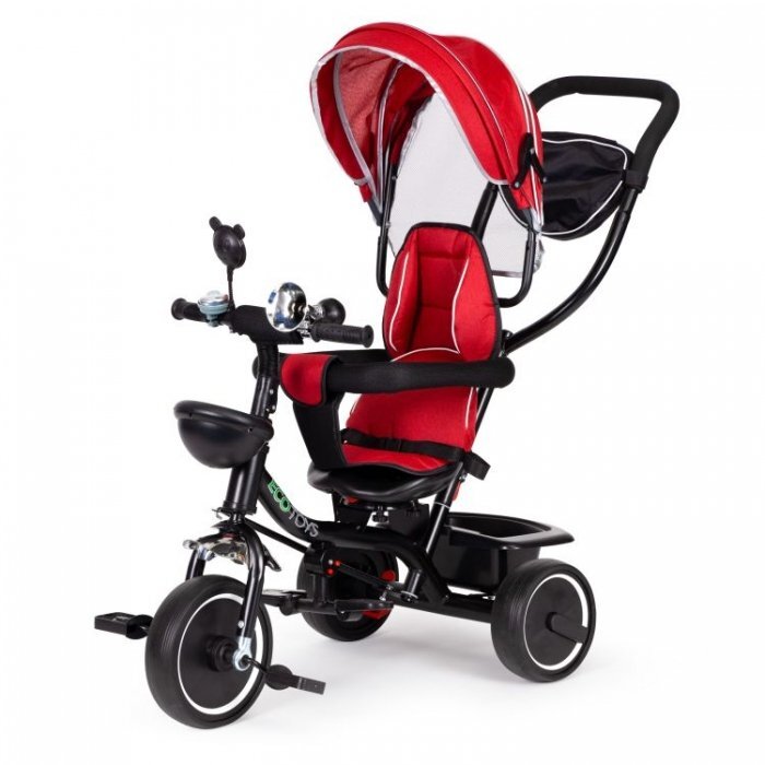 Ecotoys Tricicleta pentru copii JM-066-9 Rosu cu sezut rotativ de la 12 luni roti din spuma Eva suport picioare parasolar ajustabil si detasabil