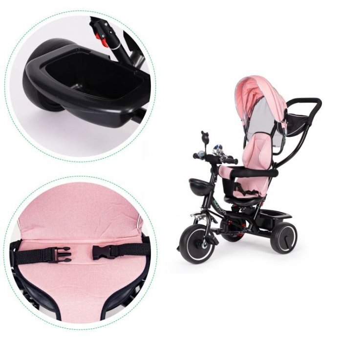 Ecotoys Tricicleta pentru copii JM-066-9 Roz cu sezut rotativ de la 12 luni roti din spuma Eva suport picioare parasolar ajustabil si detasabil centura de siguranta