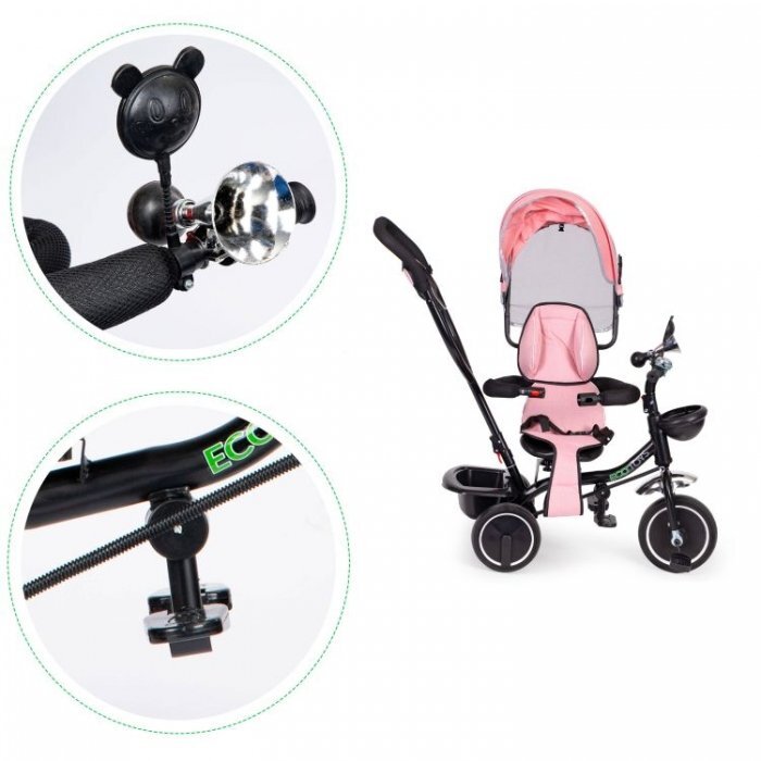 Ecotoys Tricicleta pentru copii JM-066-9 Roz cu sezut rotativ de la 12 luni roti din spuma Eva suport picioare parasolar ajustabil si detasabil centura de siguranta