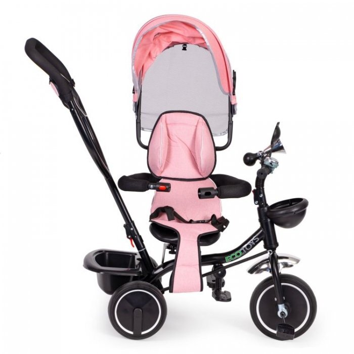 Ecotoys Tricicleta pentru copii JM-066-9 Roz cu sezut rotativ de la 12 luni roti din spuma Eva suport picioare parasolar ajustabil si detasabil centura de siguranta