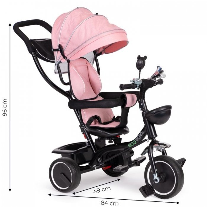 Ecotoys Tricicleta pentru copii JM-066-9 Roz cu sezut rotativ de la 12 luni roti din spuma Eva suport picioare parasolar ajustabil si detasabil centura de siguranta