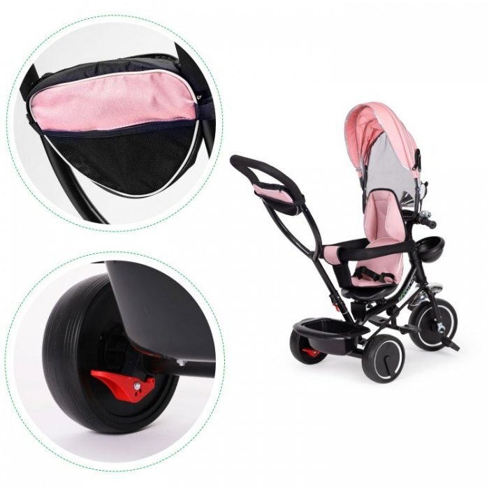 Ecotoys Tricicleta pentru copii JM-066-9 Roz cu sezut rotativ de la 12 luni roti din spuma Eva suport picioare parasolar ajustabil si detasabil centura de siguranta