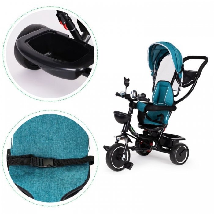 Ecotoys Tricicleta pentru copii JM-066-9 Verde cu sezut rotativ de la 12 luni roti din spuma Eva suport picioare parasolar ajustabil si detasabil