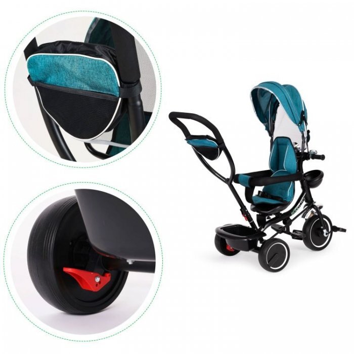 Ecotoys Tricicleta pentru copii JM-066-9 Verde cu sezut rotativ de la 12 luni roti din spuma Eva suport picioare parasolar ajustabil si detasabil