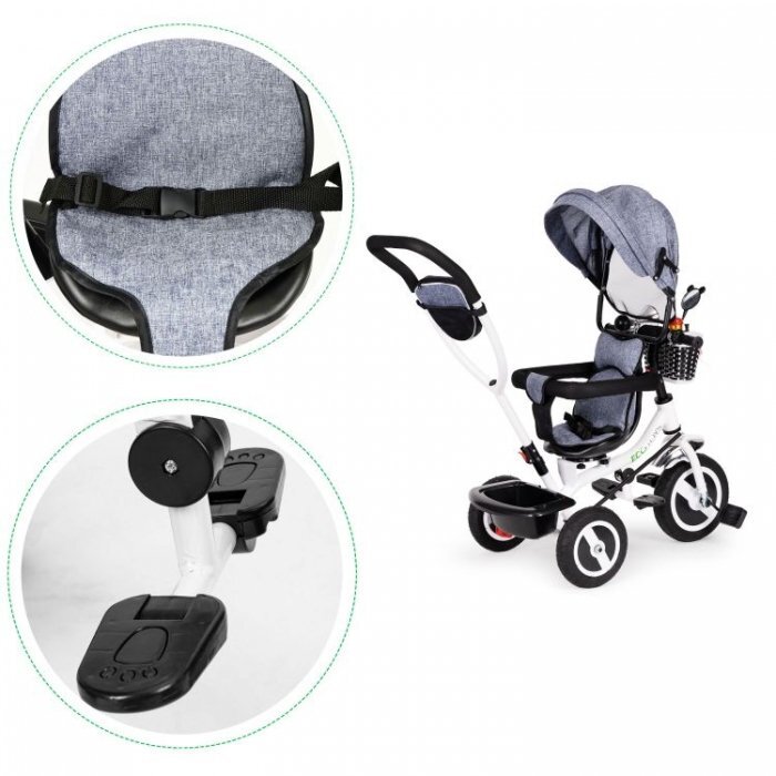 Ecotoys Tricicleta pentru copii Jm-066-9l Gri cu roti din cauciuc gonflabil scaun reversibil suport picioruse greutate maxim admisa 25 kg