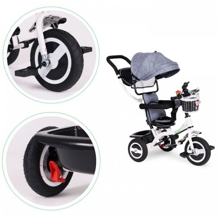 Ecotoys Tricicleta pentru copii Jm-066-9l Gri cu roti din cauciuc gonflabil scaun reversibil suport picioruse greutate maxim admisa 25 kg
