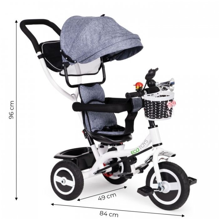 Ecotoys Tricicleta pentru copii Jm-066-9l Gri cu roti din cauciuc gonflabil scaun reversibil suport picioruse greutate maxim admisa 25 kg