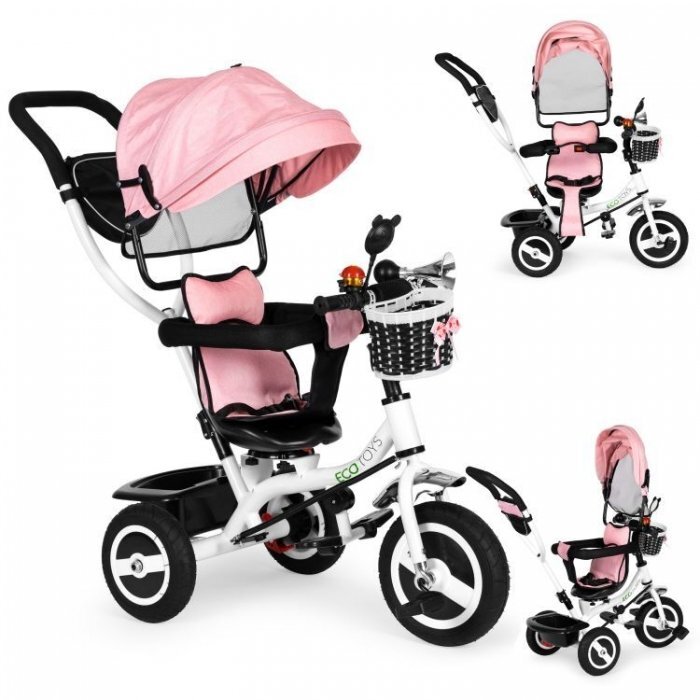 Ecotoys Tricicleta pentru copii Jm-066-9l Roz cu roti din cauciuc gonflabil scaun reversibil suport picioruse greutate maxim admisa 25 kg