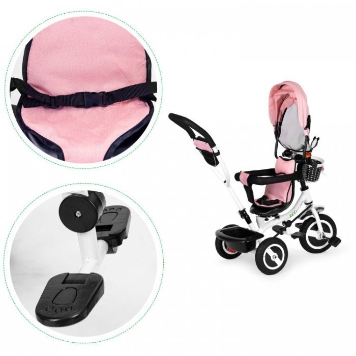 Ecotoys Tricicleta pentru copii Jm-066-9l Roz cu roti din cauciuc gonflabil scaun reversibil suport picioruse greutate maxim admisa 25 kg