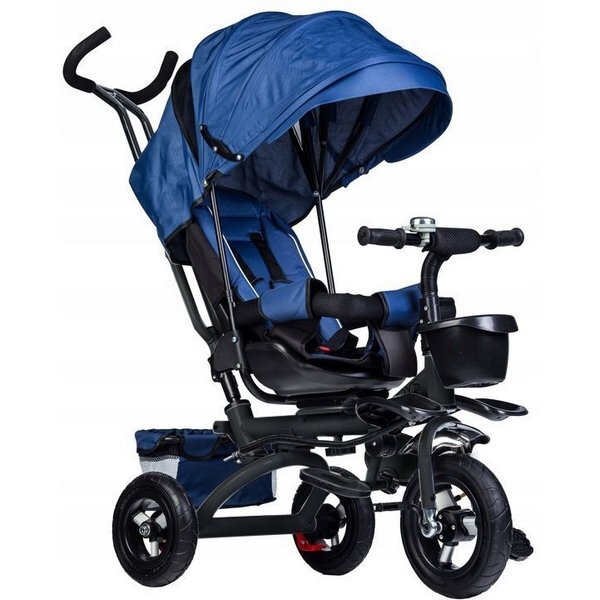 Ecotoys Tricicleta pentru copii Jm-068-17 Albastra cu sezut rotativ spatar reglabil in 4 pozitii roti din cauciuc frana si greutate maxim admisa 25 kg
