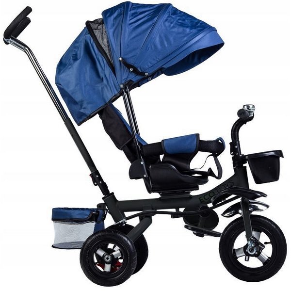 Ecotoys Tricicleta pentru copii Jm-068-17 Albastra cu sezut rotativ spatar reglabil in 4 pozitii roti din cauciuc frana si greutate maxim admisa 25 kg