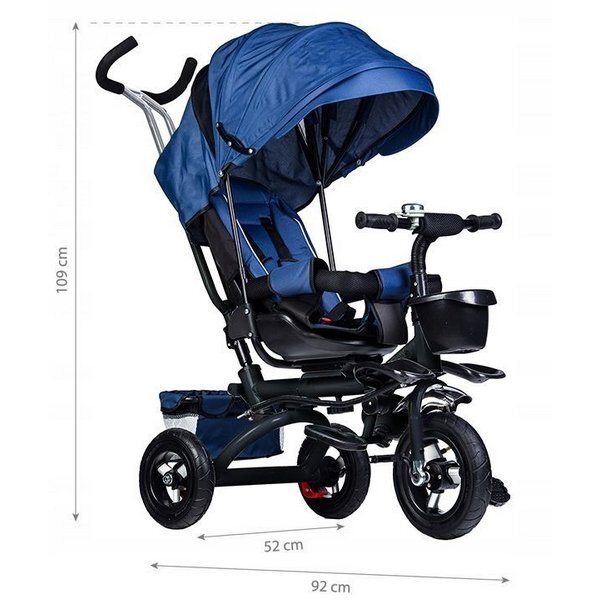 Ecotoys Tricicleta pentru copii Jm-068-17 Albastra cu sezut rotativ spatar reglabil in 4 pozitii roti din cauciuc frana si greutate maxim admisa 25 kg