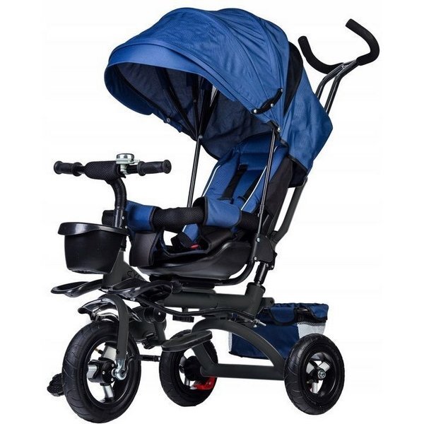 Ecotoys Tricicleta pentru copii Jm-068-17 Albastra cu sezut rotativ spatar reglabil in 4 pozitii roti din cauciuc frana si greutate maxim admisa 25 kg