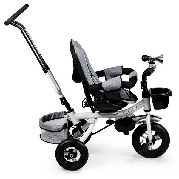 Ecotoys Tricicleta pentru copii Jm-068-17 Gri cu sezut rotativ spatar reglabil in 4 pozitii roti din cauciuc frana si greutate maxim admisa 25 kg