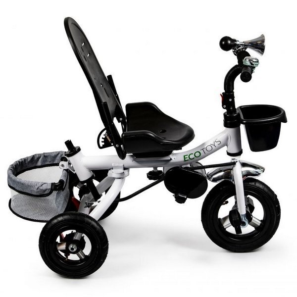 Ecotoys Tricicleta pentru copii Jm-068-17 Gri cu sezut rotativ spatar reglabil in 4 pozitii roti din cauciuc frana si greutate maxim admisa 25 kg