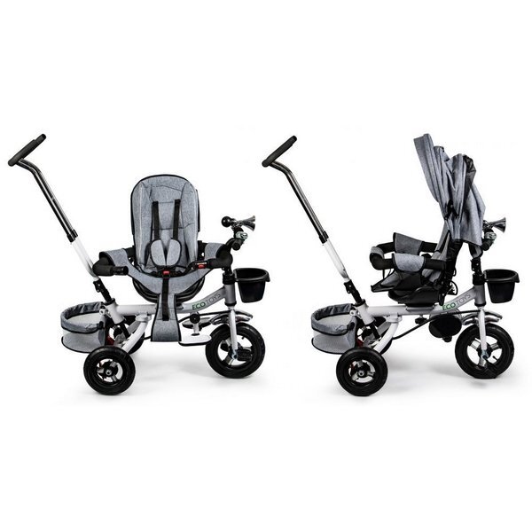 Ecotoys Tricicleta pentru copii Jm-068-17 Gri cu sezut rotativ spatar reglabil in 4 pozitii roti din cauciuc frana si greutate maxim admisa 25 kg