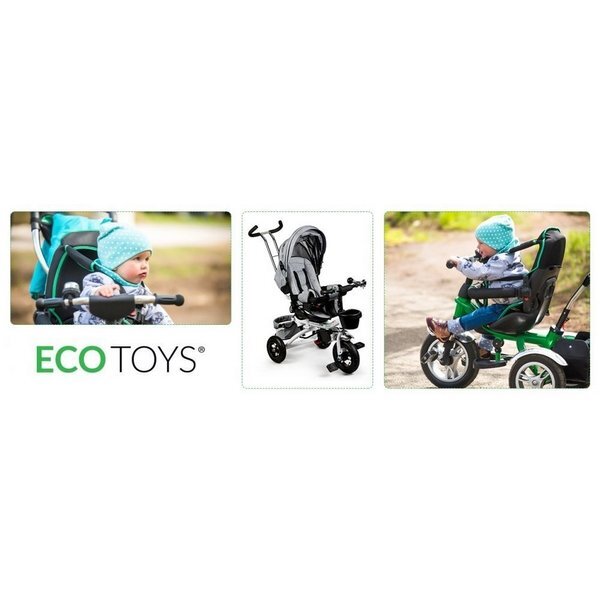 Ecotoys Tricicleta pentru copii Jm-068-17 Gri cu sezut rotativ spatar reglabil in 4 pozitii roti din cauciuc frana si greutate maxim admisa 25 kg