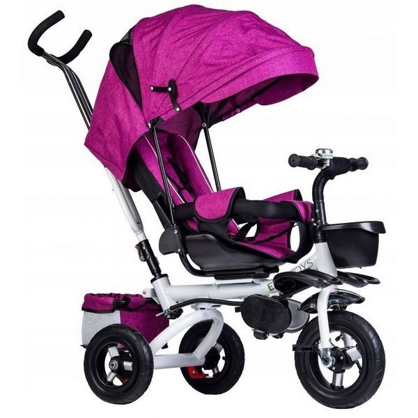 Ecotoys Tricicleta pentru copii Jm-068-17 Roz cu sezut rotativ spatar reglabil in 4 pozitii roti din cauciuc frana si greutate maxim admisa 25 kg