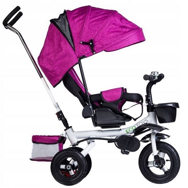 Ecotoys Tricicleta pentru copii Jm-068-17 Roz cu sezut rotativ spatar reglabil in 4 pozitii roti din cauciuc frana si greutate maxim admisa 25 kg