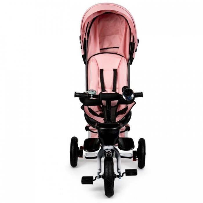 Ecotoys Tricicleta pentru copii Jm-068-17 Roz Pudra cu sezut rotativ spatar reglabil in 4 pozitii roti din cauciuc frana si greutate maxim admisa 25 kg