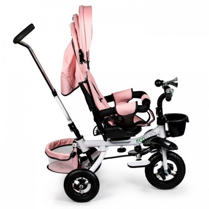 Ecotoys Tricicleta pentru copii Jm-068-17 Roz Pudra cu sezut rotativ spatar reglabil in 4 pozitii roti din cauciuc frana si greutate maxim admisa 25 kg