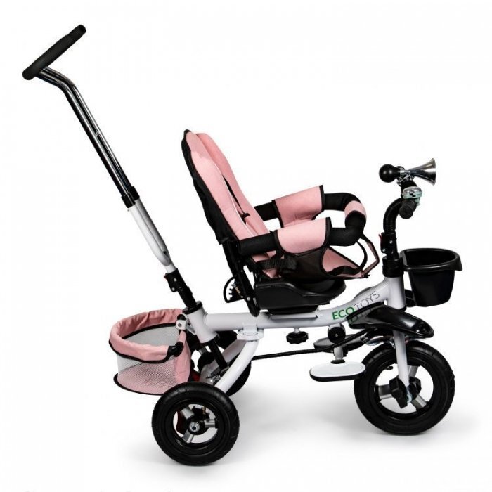 Ecotoys Tricicleta pentru copii Jm-068-17 Roz Pudra cu sezut rotativ spatar reglabil in 4 pozitii roti din cauciuc frana si greutate maxim admisa 25 kg