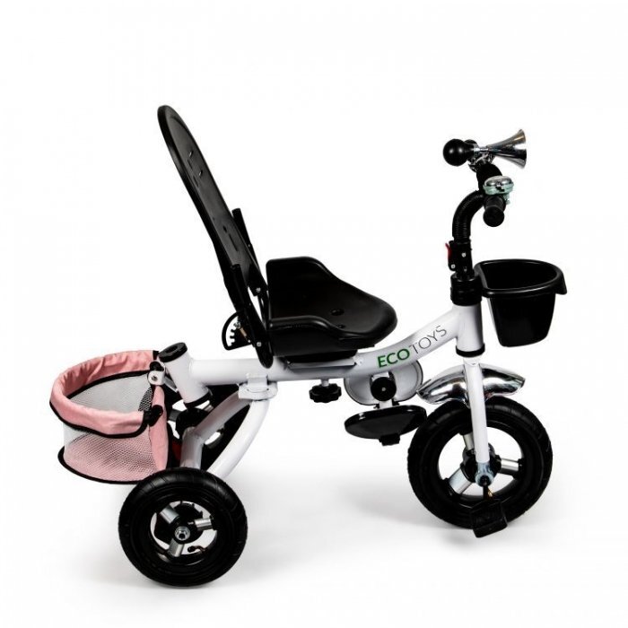 Ecotoys Tricicleta pentru copii Jm-068-17 Roz Pudra cu sezut rotativ spatar reglabil in 4 pozitii roti din cauciuc frana si greutate maxim admisa 25 kg