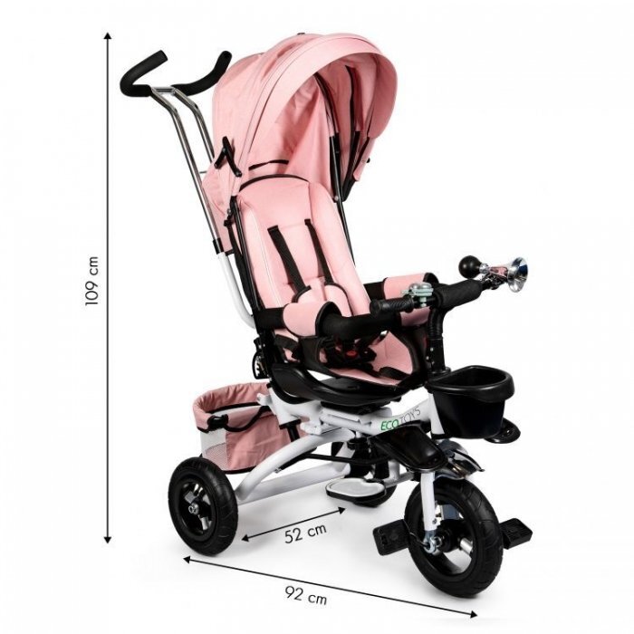 Ecotoys Tricicleta pentru copii Jm-068-17 Roz Pudra cu sezut rotativ spatar reglabil in 4 pozitii roti din cauciuc frana si greutate maxim admisa 25 kg