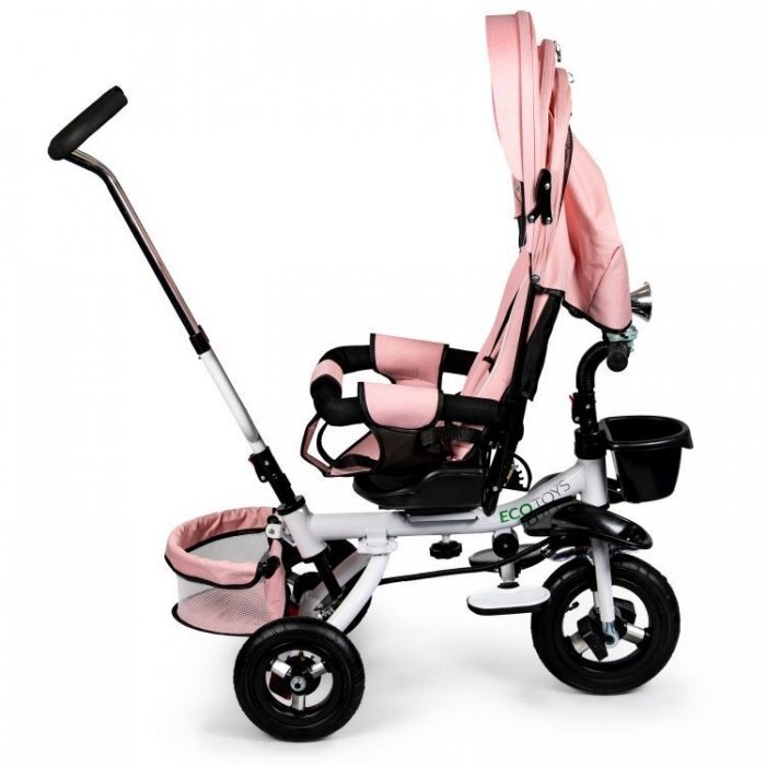 Ecotoys Tricicleta pentru copii Jm-068-17 Roz Pudra cu sezut rotativ spatar reglabil in 4 pozitii roti din cauciuc frana si greutate maxim admisa 25 kg