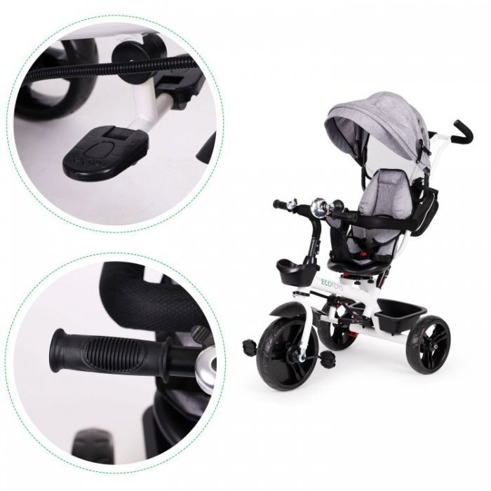 Ecotoys Tricicleta pentru copii Jm-322 Gri cu sezut reversibil frana roti din spuma Eva suport pentru picioare greutate admisa 25 kg