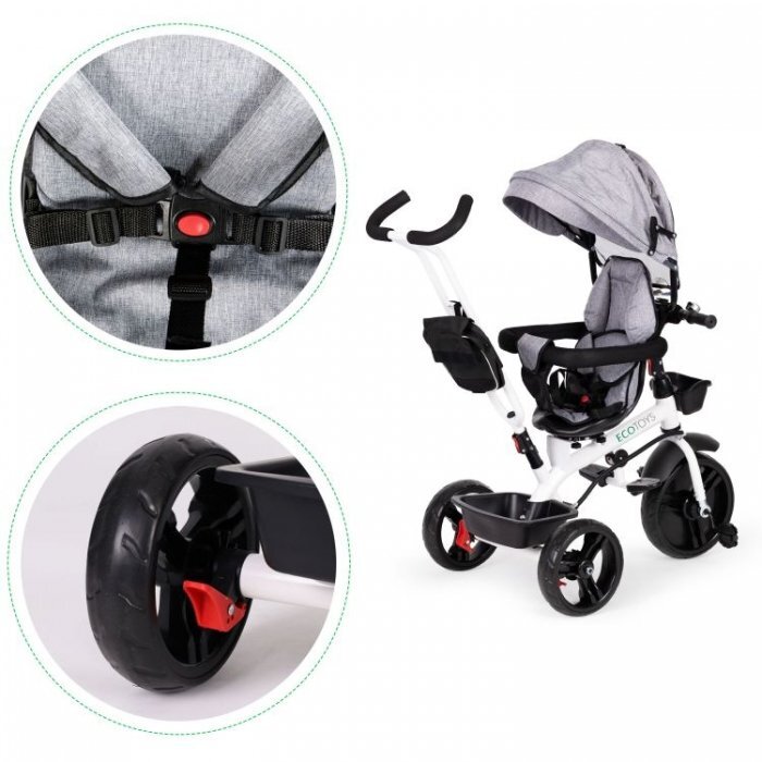 Ecotoys Tricicleta pentru copii Jm-322 Gri cu sezut reversibil frana roti din spuma Eva suport pentru picioare greutate admisa 25 kg