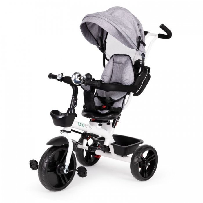 Ecotoys Tricicleta pentru copii Jm-322 Gri cu sezut reversibil frana roti din spuma Eva suport pentru picioare greutate admisa 25 kg
