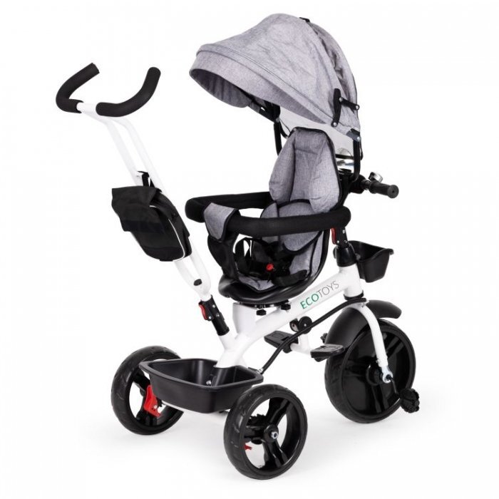 Ecotoys Tricicleta pentru copii Jm-322 Gri cu sezut reversibil frana roti din spuma Eva suport pentru picioare greutate admisa 25 kg