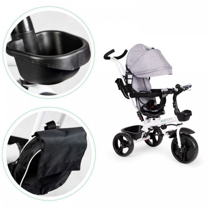 Ecotoys Tricicleta pentru copii Jm-322 Gri cu sezut reversibil frana roti din spuma Eva suport pentru picioare greutate admisa 25 kg