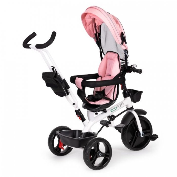 Ecotoys Tricicleta pentru copii Jm-322 Roz cu sezut reversibil frana roti din spuma Eva suport pentru picioare greutate admisa 25 kg