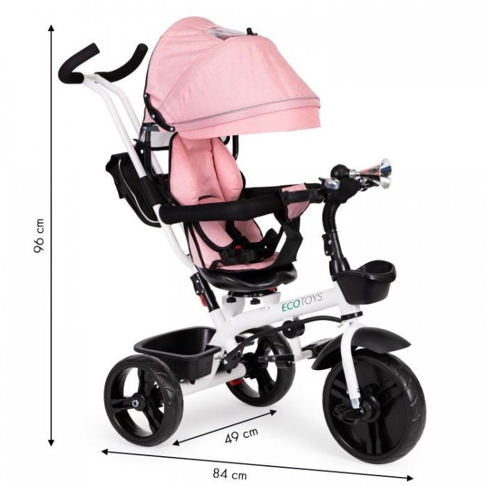 Ecotoys Tricicleta pentru copii Jm-322 Roz cu sezut reversibil frana roti din spuma Eva suport pentru picioare greutate admisa 25 kg