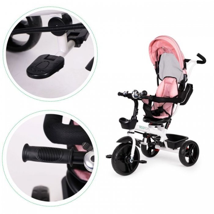 Ecotoys Tricicleta pentru copii Jm-322 Roz cu sezut reversibil frana roti din spuma Eva suport pentru picioare greutate admisa 25 kg