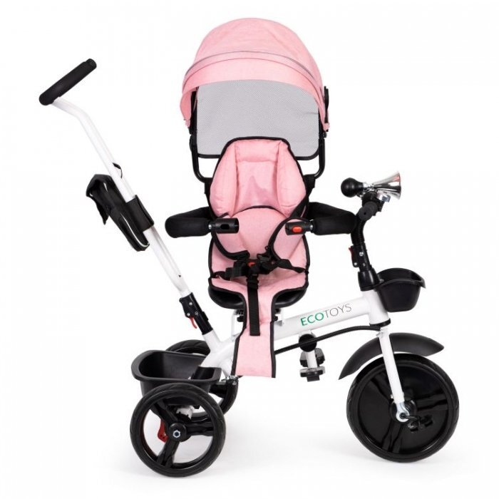 Ecotoys Tricicleta pentru copii Jm-322 Roz cu sezut reversibil frana roti din spuma Eva suport pentru picioare greutate admisa 25 kg