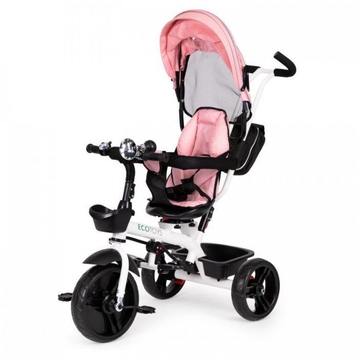 Ecotoys Tricicleta pentru copii Jm-322 Roz cu sezut reversibil frana roti din spuma Eva suport pentru picioare greutate admisa 25 kg