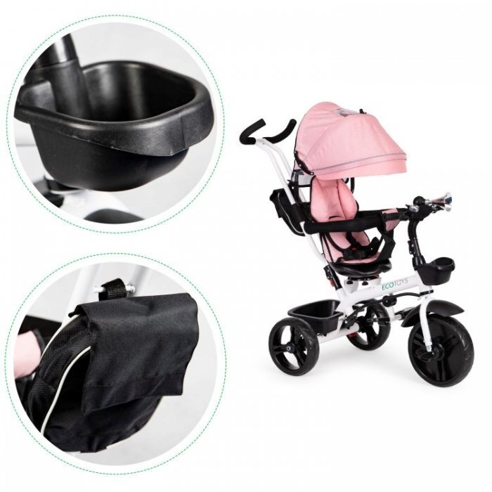 Ecotoys Tricicleta pentru copii Jm-322 Roz cu sezut reversibil frana roti din spuma Eva suport pentru picioare greutate admisa 25 kg