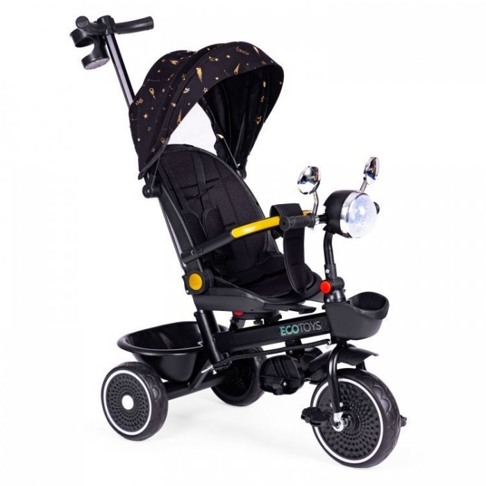 Ecotoys Tricicleta pentru copii Negru multifunctionala scaun rotativ 360 roti din spuma EVA suport pliabil pentru picioare bariera de siguranta maner pentru controlul directiei
