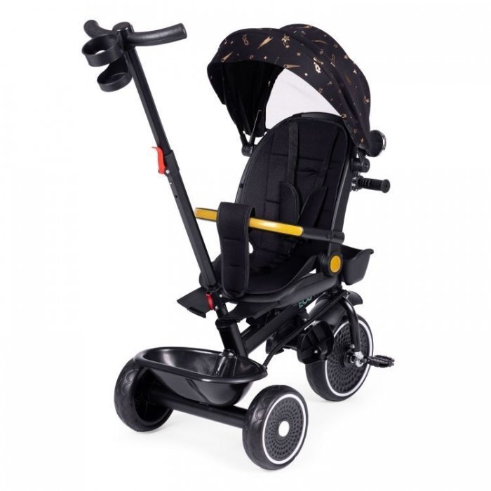Ecotoys Tricicleta pentru copii Negru multifunctionala scaun rotativ 360 roti din spuma EVA suport pliabil pentru picioare bariera de siguranta maner pentru controlul directiei