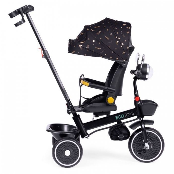 Ecotoys Tricicleta pentru copii Negru multifunctionala scaun rotativ 360 roti din spuma EVA suport pliabil pentru picioare bariera de siguranta maner pentru controlul directiei