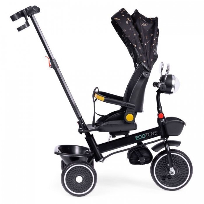 Ecotoys Tricicleta pentru copii Negru multifunctionala scaun rotativ 360 roti din spuma EVA suport pliabil pentru picioare bariera de siguranta maner pentru controlul directiei