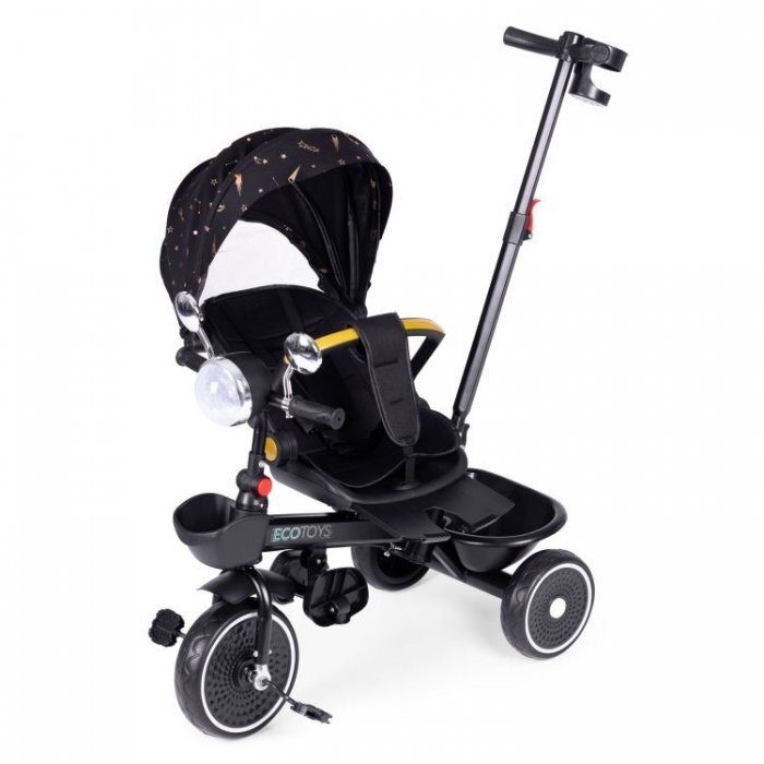 Ecotoys Tricicleta pentru copii Negru multifunctionala scaun rotativ 360 roti din spuma EVA suport pliabil pentru picioare bariera de siguranta maner pentru controlul directiei