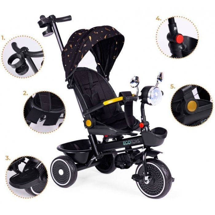 Ecotoys Tricicleta pentru copii Negru multifunctionala scaun rotativ 360 roti din spuma EVA suport pliabil pentru picioare bariera de siguranta maner pentru controlul directiei