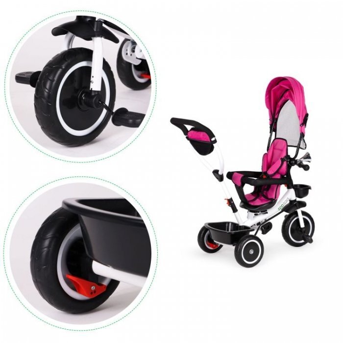 Ecotoys Tricicleta pentru copii Roz cu sezut reversibil pentru copiii intre 6 luni roti din spuma evaspatar cu husa moale si centura de siguranta in 5 puncte