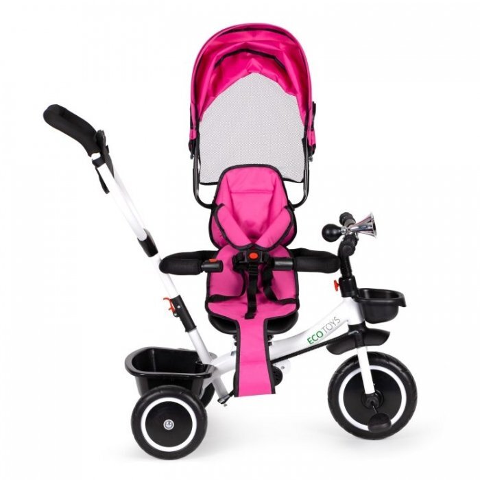 Ecotoys Tricicleta pentru copii Roz cu sezut reversibil pentru copiii intre 6 luni roti din spuma evaspatar cu husa moale si centura de siguranta in 5 puncte