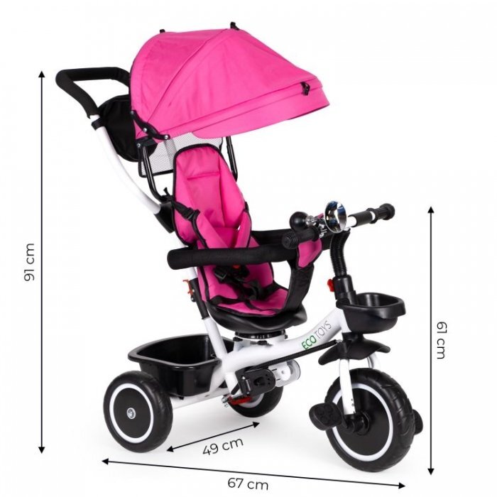 Ecotoys Tricicleta pentru copii Roz cu sezut reversibil pentru copiii intre 6 luni roti din spuma evaspatar cu husa moale si centura de siguranta in 5 puncte