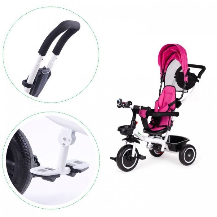 Ecotoys Tricicleta pentru copii Roz cu sezut reversibil pentru copiii intre 6 luni roti din spuma evaspatar cu husa moale si centura de siguranta in 5 puncte